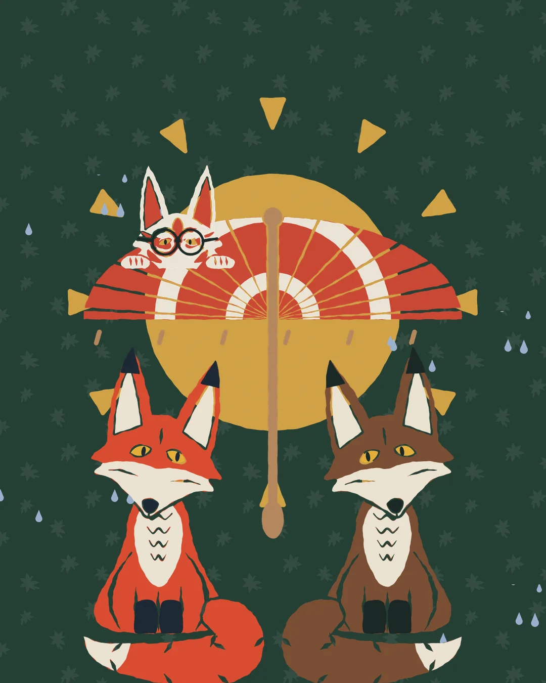 O casal de raposas sob o guarda-chuva vermelho, na chuva com sol, e a raposa de óculos espiando por cima.