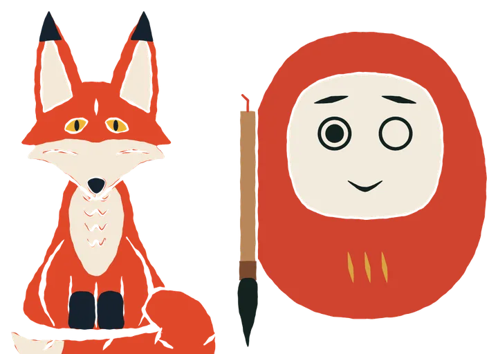 A raposa ao lado de um daruma, o boneco das metas