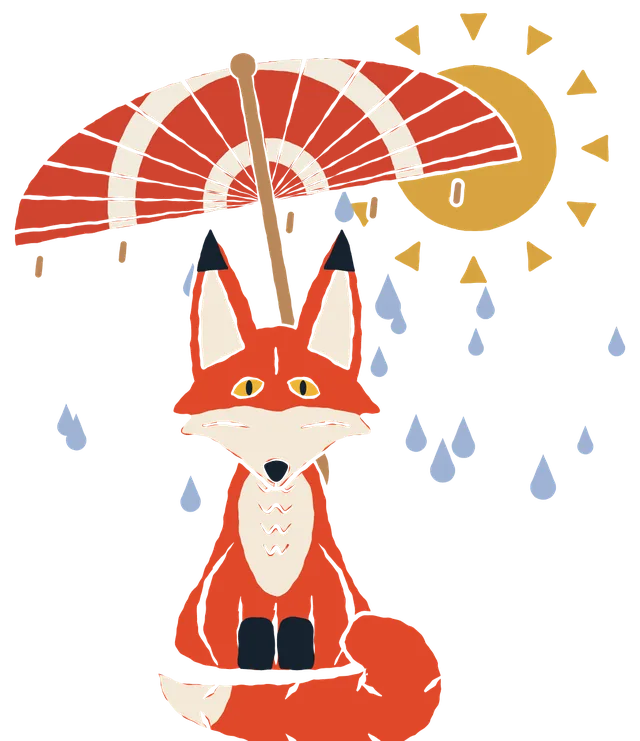 A raposa sob o guarda-chuva, na chuva com sol